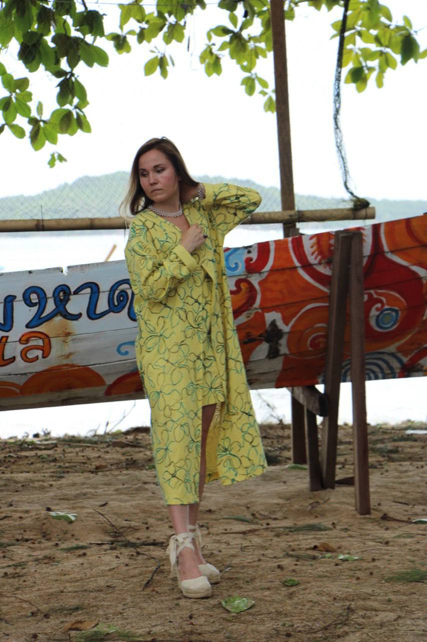 Women's Cardigan Linen Cotton Embroidery Maxi Dress Yellow Summer Andaman